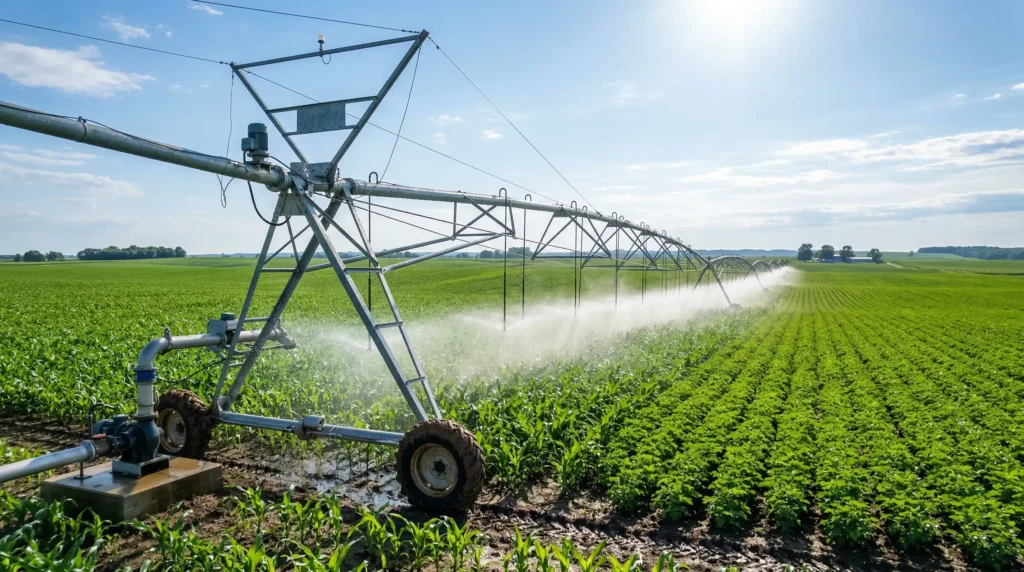 Pivô de irrigação construído com aço galvanizado operando no agronegócio.