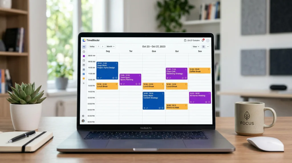 Tela de um aplicativo de calendário mostrando a técnica de time blocking, com blocos coloridos separando tarefas de foco profundo, reuniões e pausas