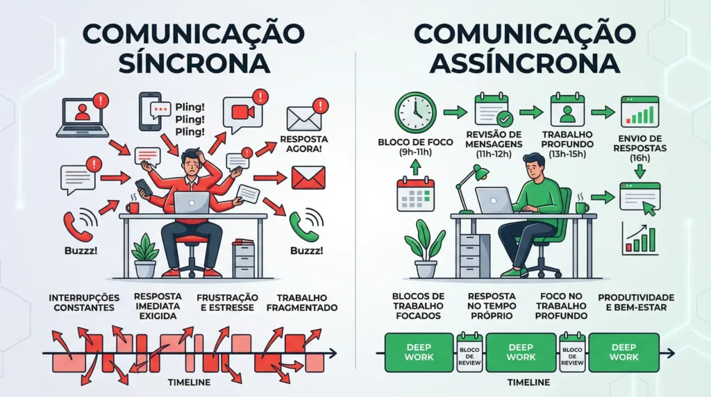 Diagrama visual mostrando a diferença entre comunicação síncrona, com interrupções constantes, e assíncrona, com blocos de trabalho focados
