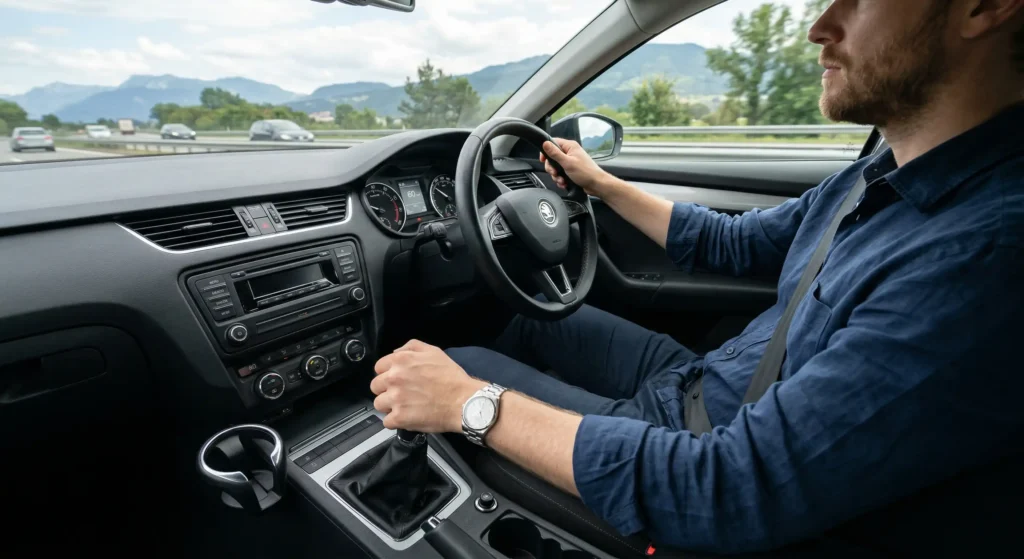 Ergonomia automotiva: motorista utilizando a mão direita no câmbio em um veículo com volante na esquerda, otimizando a condução no lado direito da via