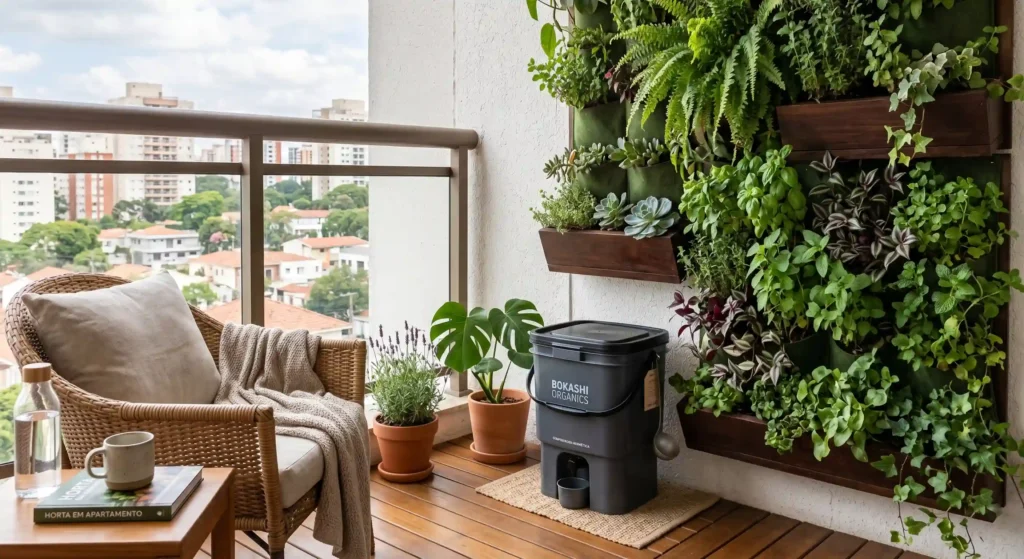 Balde de compostagem Bokashi sem odor utilizado para nutrir o jardim vertical sustentável na varanda