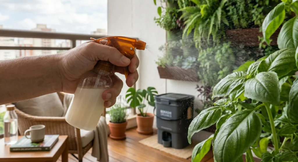Aplicação de defensivo orgânico como óleo de neem no jardim vertical