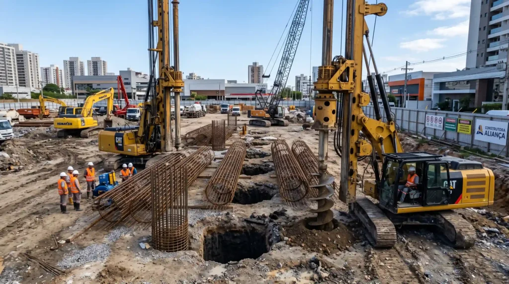 Construção das fundações de um estádio com estacas de aço inseridas no solo
