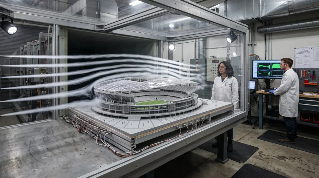 Maquete de estádio testada em túnel de vento com fluxos de ar visíveis