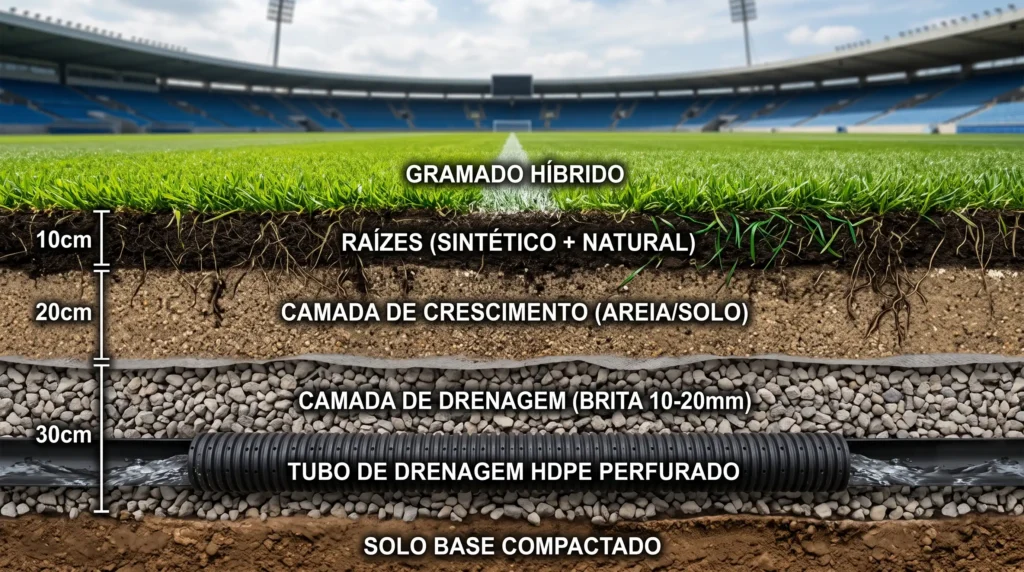 Infográfico mostrando as camadas de drenagem e o gramado híbrido de um estádio de futebol