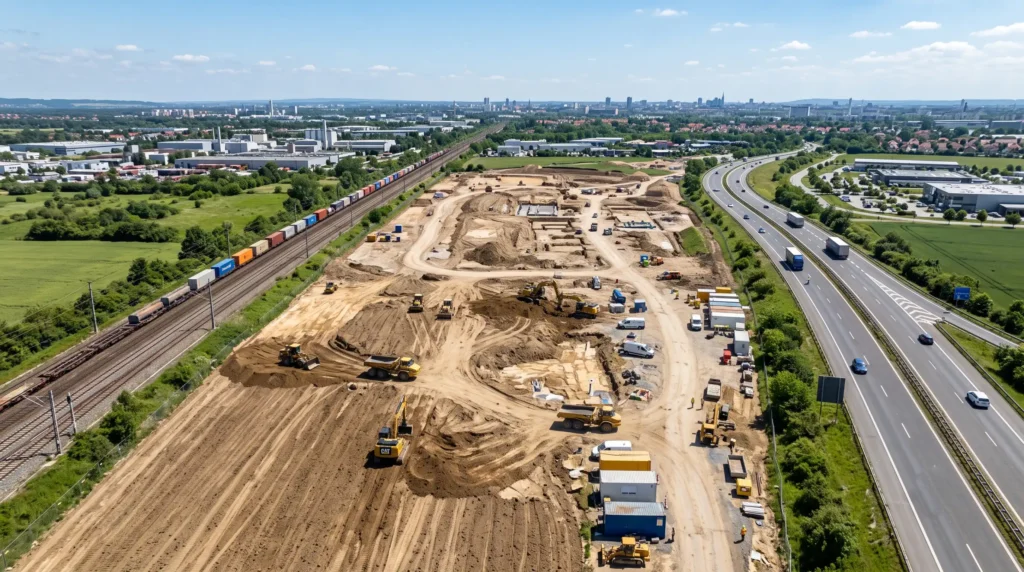 Vista aérea de terreno em preparação para a construção de um estádio conectado a rodovias