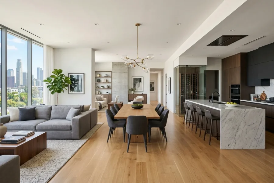 Fotografia de interior de apartamento moderno com planta livre integrada, mostrando sala, cozinha e jantar sem paredes estruturais e com farta iluminação natural.