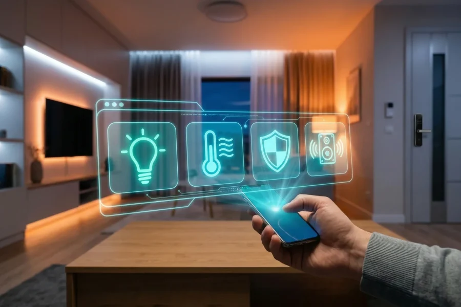 Interface holográfica 3D flutuando sobre smartphone para controle de automação residencial em sala moderna.