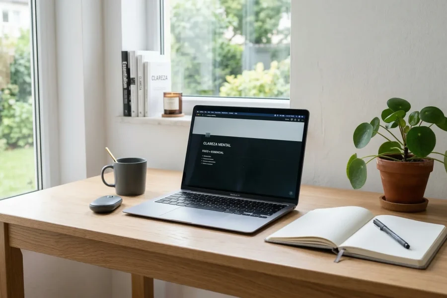 Mesa de trabalho limpa e organizada com um notebook, um caderno e uma planta, representando o minimalismo e a clareza mental